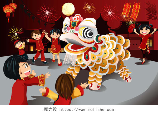 孩子们庆祝中国新年矢量插画